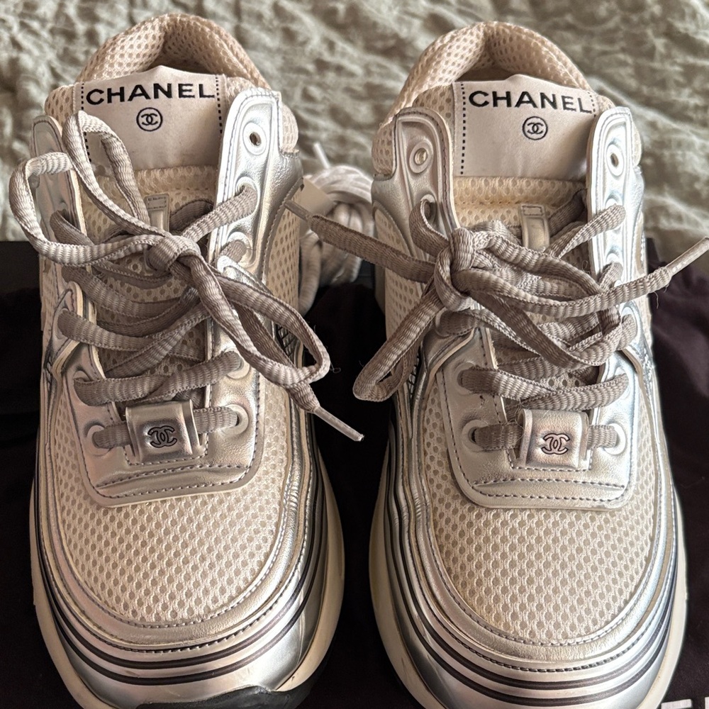 CHANEL Metallic Silver and Gray Sneakers - Picture 6 of 11